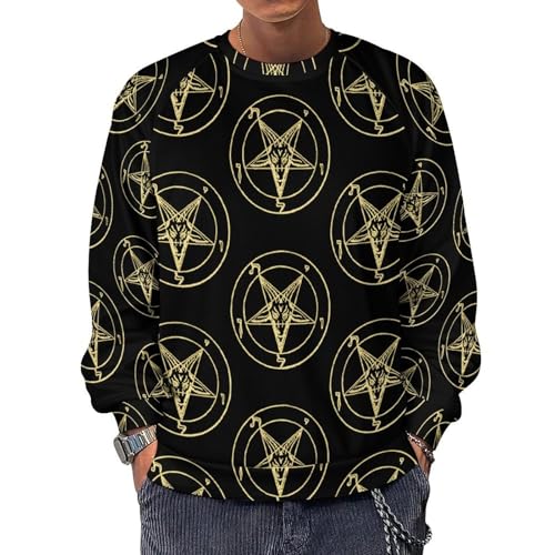 Gold Baphomet Inverted Pentacle Pewter Satanic Goat Men's Crewneck Sweatshirt Pullover Long Sleeve Casual Tops