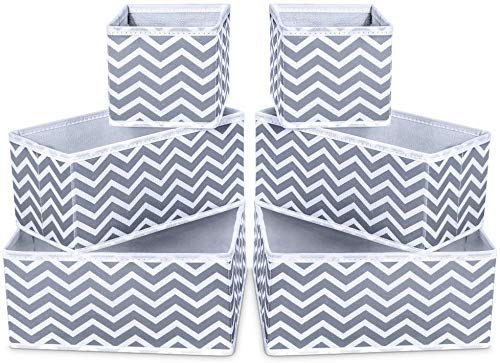 Image of Foldable Set of 6 Cloth Storage Box Closet Dresser Drawer Organizer Cube Basket Bins Containers Divider with Drawers for Underwear, Bras, Socks, Ties, Scarves (Set of 6 - White Grey Wave)
