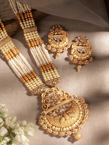 Image of Rubans Pearl Long Necklace Set Gold Plated Traditional Stylish Jewellery Gift for Women & Girls