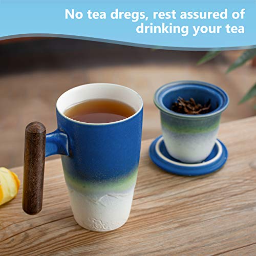 Tomotime Ceramic Tea Cup with Infuser and Lid Tea Mugs Wooden Handle 400ml/13.4oz Cyan Blue