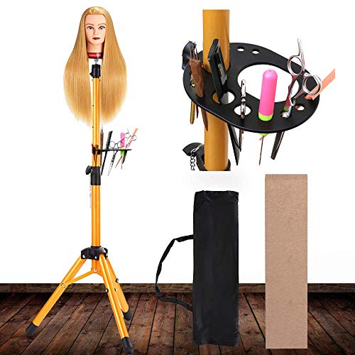 Wig Stand Tripod with Tray - Gold Heavy Duty Wig Stand Tripod Wig Head Stand Mannequin Head Stand Wig Stand for Styling Tripod for Mannequin Head (Mannequin Head Not Included)