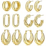 Gold Hoop Earrings for Women, Chunky Hoops Set Lightweight, 14K Gold Plated Thick Hoop Earrings Pack