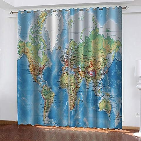 RGDFBG Boys' Bedroom Black Out Curtains Blue World Map 90X90Inch Pair Of Blackout Curtains Super Soft Thermal Insulated Top Blackout Curtains For Living Room Bedroom Cover