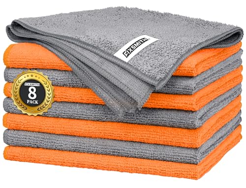 FIXSMITH Microfibre Cleaning Cloth -Pack of 8, Highly Absorbent Cleaning Rags(Grey&Orange), 16X12 All Purpose Cleaning Towels for Housekeeping, Kitchen, Car, Reusable Microfiber Towels