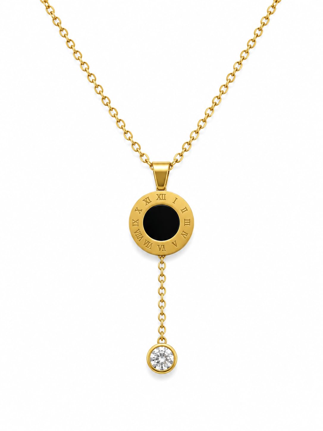 Gold-Tone Black Onyx Roman Numeral Pendant Necklace, Pinterest inspired, Affordable Anti Tarnish, Minimal, Everyday wear, Daily wear, Perfect for office wear and college girls wear, giffting, chains-image-40