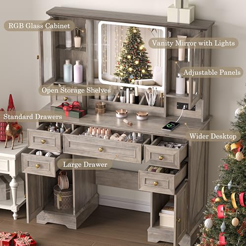Image of Makeup Vanity Desk with Mirror and Lights, Farmhouse Vanity Table Set with 6 Drawer&Charging Station, Makeup Table with RGB Cabinets, Grey Vanity with Lighted Mirror for Girls Women, 3 Light Modes