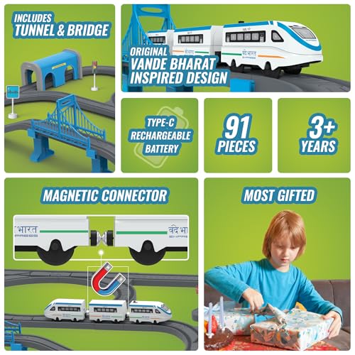 Image of BOOGYWOOGY Vande Bharat Express Toy Train Set | 91-Piece USB Rechargeable Type-C Engine Indian Railway Set with DIY Magnetic Tracks | Educational Toy for Kids Ages 3 for Train Lovers