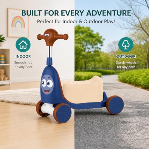 Image of ZIVY Orry Rider 2in1 Kids Scooter & Ride-On Toy Car | Convertible Stand & Drive Scooter | Extra-Wide Comfort Seat, Stainless Steel Stem, Easy Steering & Smooth Wheels for Indoor /Outdoor (Blue)