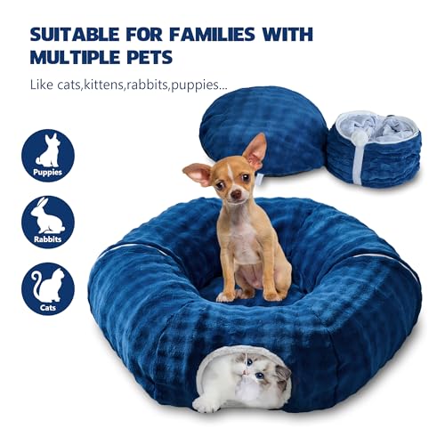Image of Bubble Cat Tunnel for Indoor Cats, Round Peekaboo Cave Toy with Dangling Balls, Donut Tunnel Bed with Circle Mat for Puppy Kitten Rabbit, Navy Blue