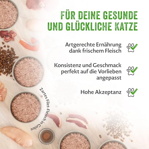 MERA Cats Adult Nassfutter Multibox, für ausgewachsene Katzen, getreidefrei und nachhaltig, Katzenfutter mit hohem Fleischanteil aus Huhn, Rind, Ente und Lachs, 12 x 85 g