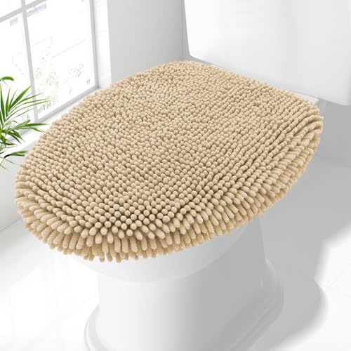 Image of Smiry Soft Chenille Bathroom Toilet Lid Cover, Machine Washable Covers, 17.5x15, Fits Most Round, Elongated and Oblong Lids, Accessories Decor, Beige