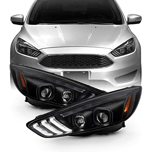 AKKON - Fits 15-18 Ford Focus S | SE | ST | Titanium [Halogen Type] LED DRL Black Projector Headlights + Sequential Turn Signal