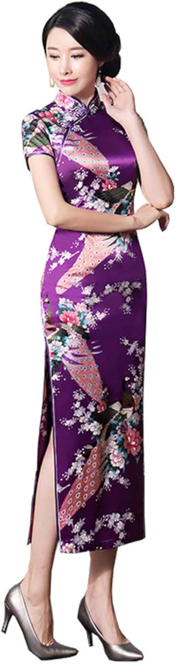 Amazon チャイナ ドレス 孔雀柄 半袖 マキシ丈 ロング チャイナ ドレス 光沢あり エナメル サテン 中華風 パーティー ワンピース スリット ワンピ ドレス レディース 通販
