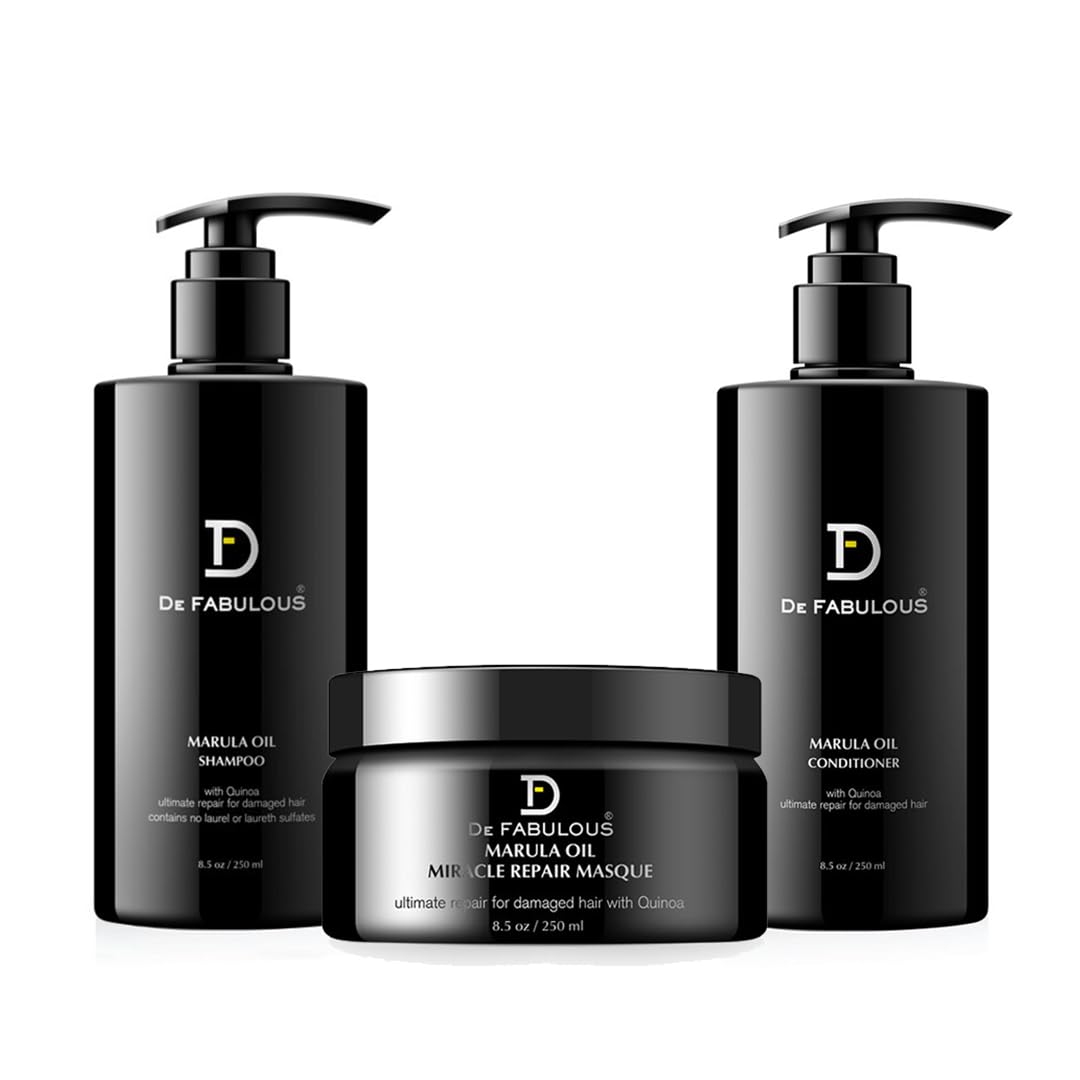 De Fabulous | Marula Oil Shampoo, Conditioner & Masque Set | Hydrates, softens, and repairs dry or frizzy hair with antioxidant-rich marula oil. Color-safe and sulfate-free. (8.5 fl oz each)