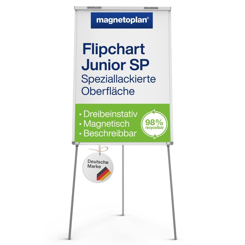 magnetoplan Flipchart Junior SP | BxH 680x1045mm | Höhenverstellbar bis 1,85 m | Mit Dreibeinstativ | Farbe: Astral Silber | Flipchart Tafel | Magnethaftende Schreibtafel | Klappbare Ablageleiste | Höhenverstellbar bis 1,85m | Mit Dreibeinstativ | Farbe: