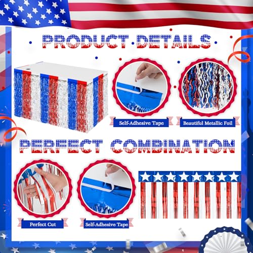Image of Oudain 6 Pcs 4th of July Parade Float Decorations, Includes 2 Pack Patriotic Wavy Metallic Tinsel Foil Fringe Table Skirts 4 Pack Red White and Blue Fringe Banner for Labor Day, Veterans Day