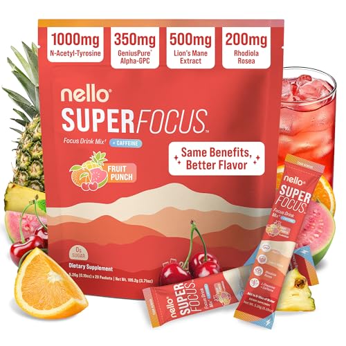 Nello Superfocus Nootropic Focus Drink Mix for Productivity L-Theanine Rhodiola Rosea Alpha-GPC Lions Mane Tyrosine Sugar-Free Packets (20 Servings (Caffeine) Fruit Punch)
