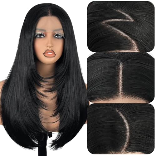 Su Mei.s 13X4 Black Synthetic Lace Front Wig Long Straight Glueless Wigs for Women HD lace layered Pre Plucked Hairline (1B Black 13X4)