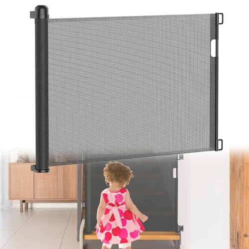 HENGMEI Cancelletto per scale Cancello per porta allungabile 0-150 cm Barriere per cani Porta retrattile e cancello per scale per neonati e animali domestici (Nero, 150 cm)