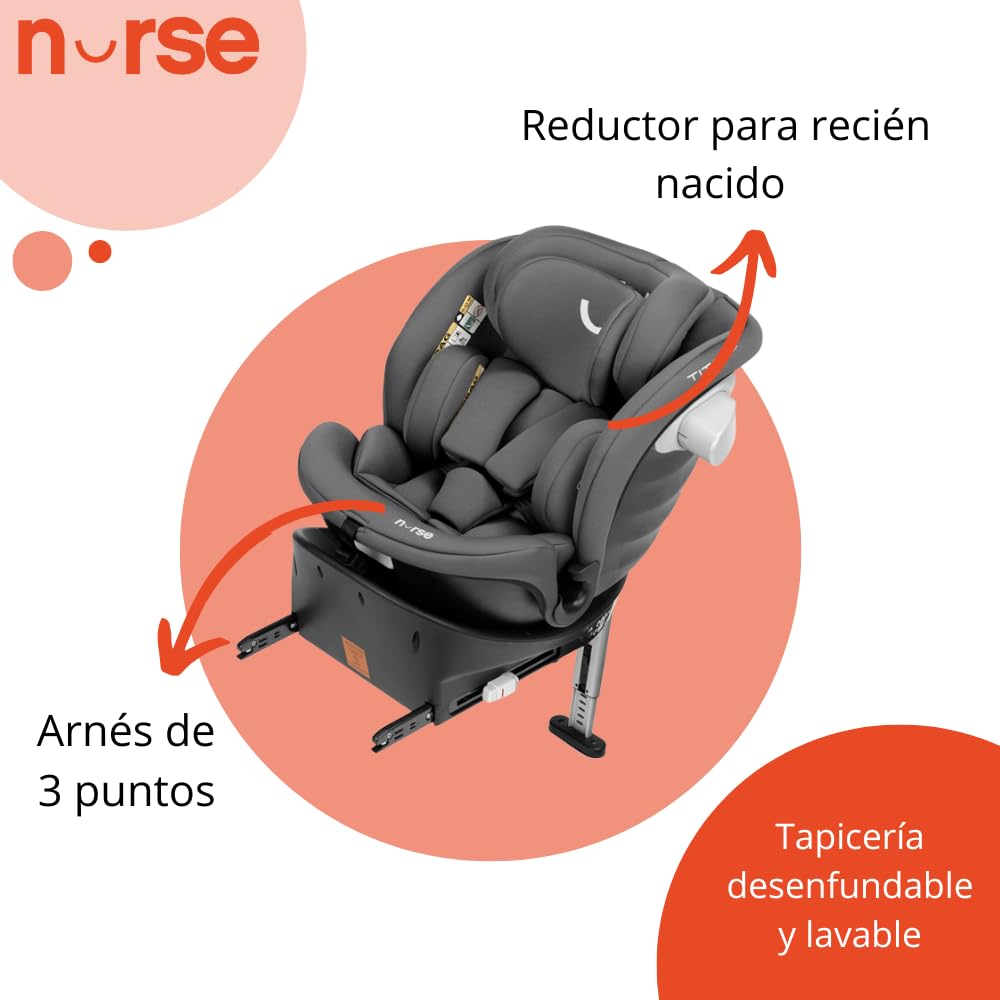 Nurse Titane Silla de Coche i-Size 40–150 cm, 360º, ISOFIX y Pata de Apoyo, A Contramarcha y Cara Marcha, Protección Lateral, Gris - 4