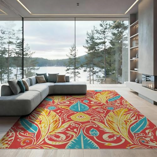 ODIKA 9'x12' Washable Bohemian Paisley Oversized Rug, Red Non-Shedding Pet Friendly Carpet for Master Suite, California King, Under Bed, Foldable Easy Care Mat | Ref:1910069