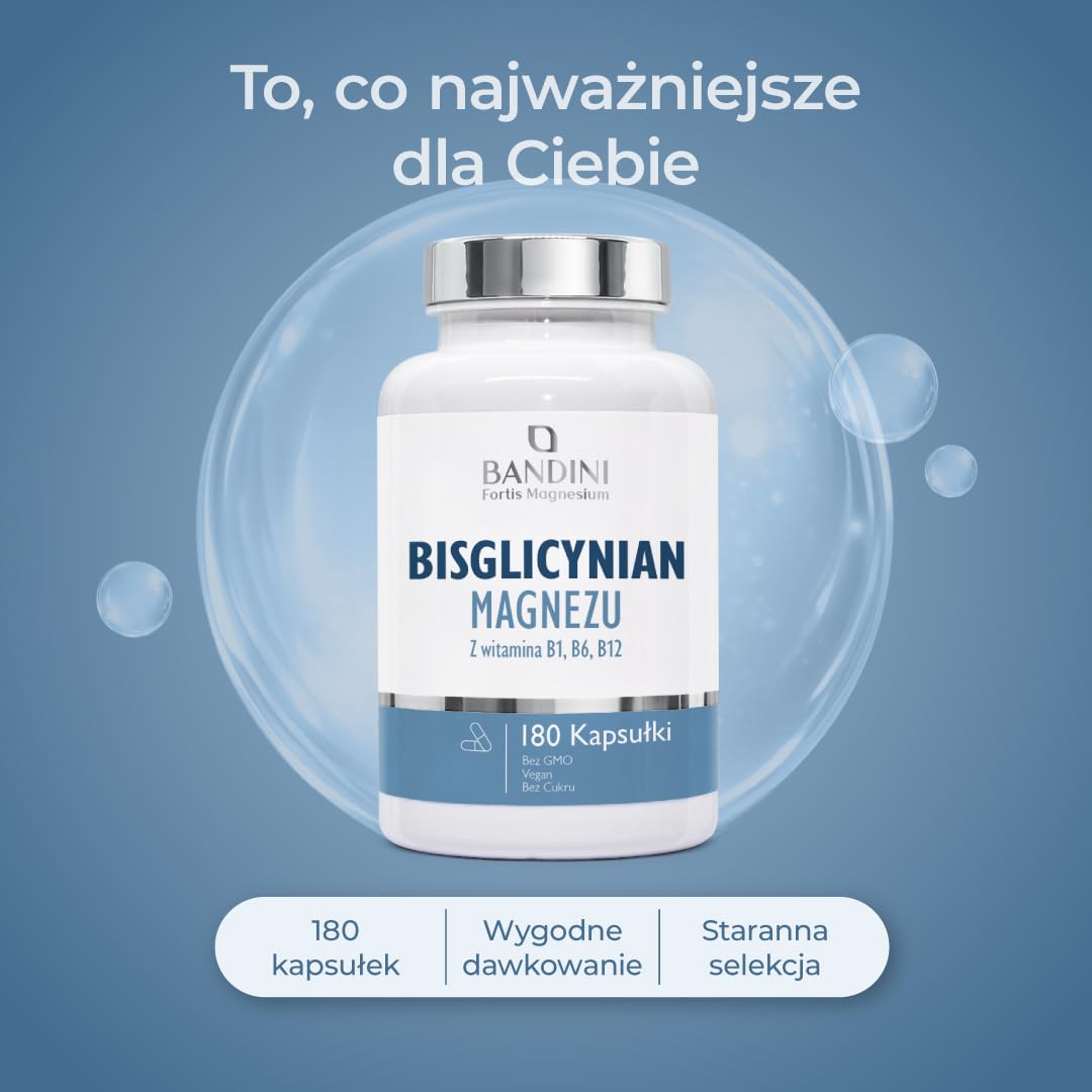 Bandini® Bisglicynian magnezu 350mg | 180 Kapsułek z witaminami B1, B6, B12 | 2-miesięczny zapas | Glicynian magnezu wysoka jakość i biodostępność | Suplement mięśniowy, układ nerwowy, stres, kości | Chelat na dawkę wzbogacony witaminą B1, B6, B12, przeci