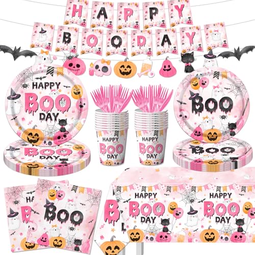 Halloween Happy Boo Day Party Decorations 142Pcs Pink Halloween Decor Tableware Supplies Happy Boo Day Plates and Napkins Cups Banner Tablecloth Happy Boo Day Decorations for Girl