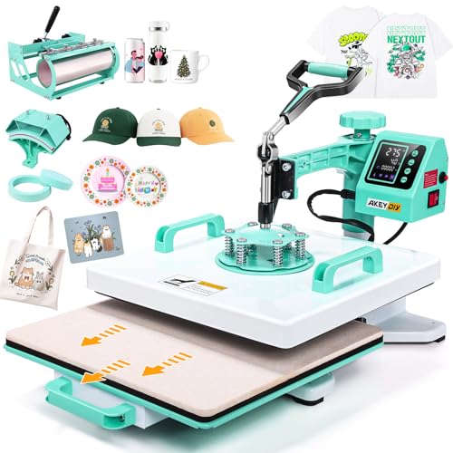 15x15 Heat Press, 5in1Combo Heat Press Machine with 11-30oz Tumbler/Mug/Hat/Plate Press,360° Swing Away Digital Shirt Press Machine,Slide Out for Beginners (15‘’X15‘’ Green 5in1)
