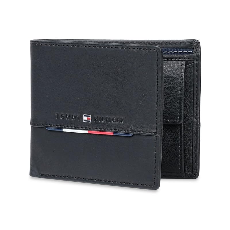 Image of Tommy Hilfiger Men's Genuine Leather Global Coin Wallet Eupen - Black | Slim Bifold with Secure Coin Pouch, 2 Compartments 4 Card Slots | Stylish Purse of Gents