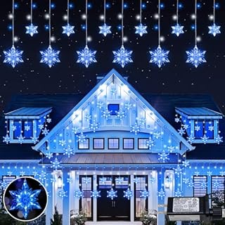 Qunlight Christmas Snowflake Lights,8.2ft 144LED Curtain Icicle Lights with 12 Drops,Connectable 8 Modes Timer Xmas Icicle Light Plug in for Bedroom,Window,Wedding,Indoor Outdoor Decor,Blue White