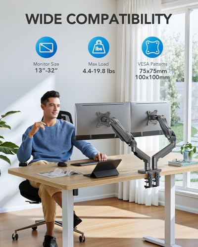 Image of HUANUO Dual Monitor Stand - Full Adjustable Monitor Desk Mount Swivel Vesa Bracket with C Clamp, Grommet Mounting Base for 13 to 32 Inch Computer Screens - Each Arm Holds 4.4 to 19.8lbs -Grey
