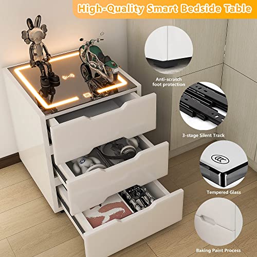 Prapark White Nightstand With Wireless Charging, Adjustable Led Lights & Usb Ports, Modern End Table With Tempered Glass Top And 3 Drawers - Enhance Your Bedroom With Convenience And Style #TOP5