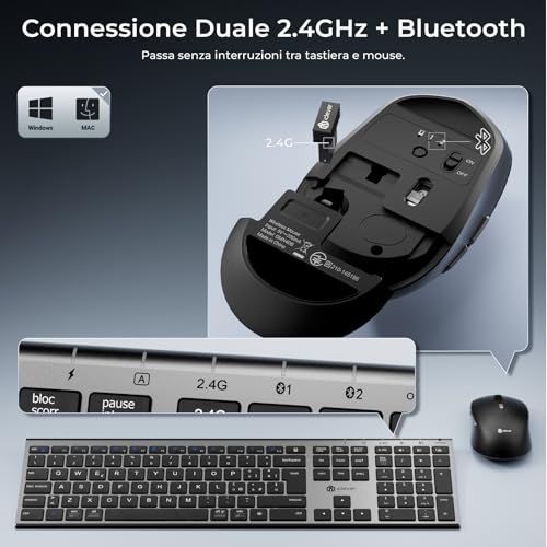 iClever Tastiera e Mouse Wireless Bluetooth, Tastiera e Mouse Doppia Modalità (Bluetooth + 2.4G) Ricaricabile, Layout Italiano QWERTY, Silenziosa for Mac, iPad, PC, Laptop, Desktop, Tablet, Smartphone 3 iClever Tastiera e Mouse Wireless Bluetooth, Tastiera e Mouse Doppia Modalità (Bluetooth + 2.4G) Ricaricabile, Layout Italiano QWERTY, Silenziosa for Mac, iPad, PC, Laptop, Desktop, Tablet, Smartphone - immagine 3