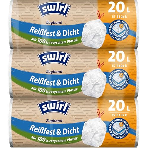 Swirl Bolsas de basura resistentes y herméticas con cordón, 20 L, 3 unidades con 45 bolsas, extrafuertes, resistentes a goteo