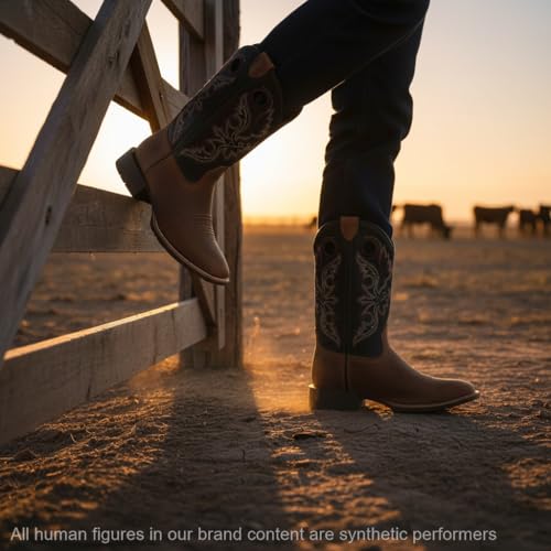 Image of SUREWAY Western Boots For Men - Mens Square Toe Cowboy Boot, Oil /Slip Resistant, Durable Fashionable Classic Pull on 10 Inch Mid-Calf Wellington Boots