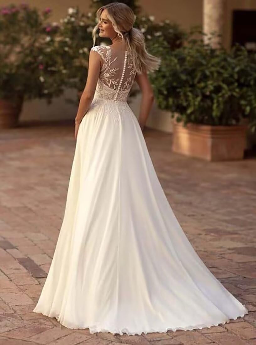 Womens Beading Appliques Wedding Dresses for Bride 2025 Simple Beach Wedding Dress Boho Bridal Gown with Slit XWD4