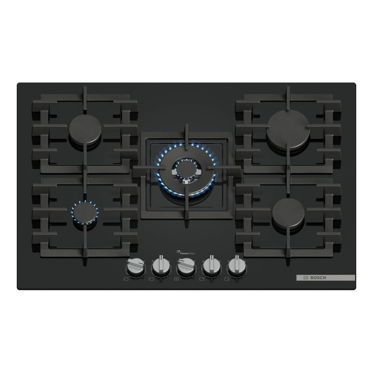 Bosch, Series 6, PPQ7A6I40, 75cm Gas Hob with 5 burners, 4kW Wok burner, Optimised FlameSelect, 5 Dishwasher suitable cast iron supports, Detachable metallic sword dials, Star layout, Tempered Glass