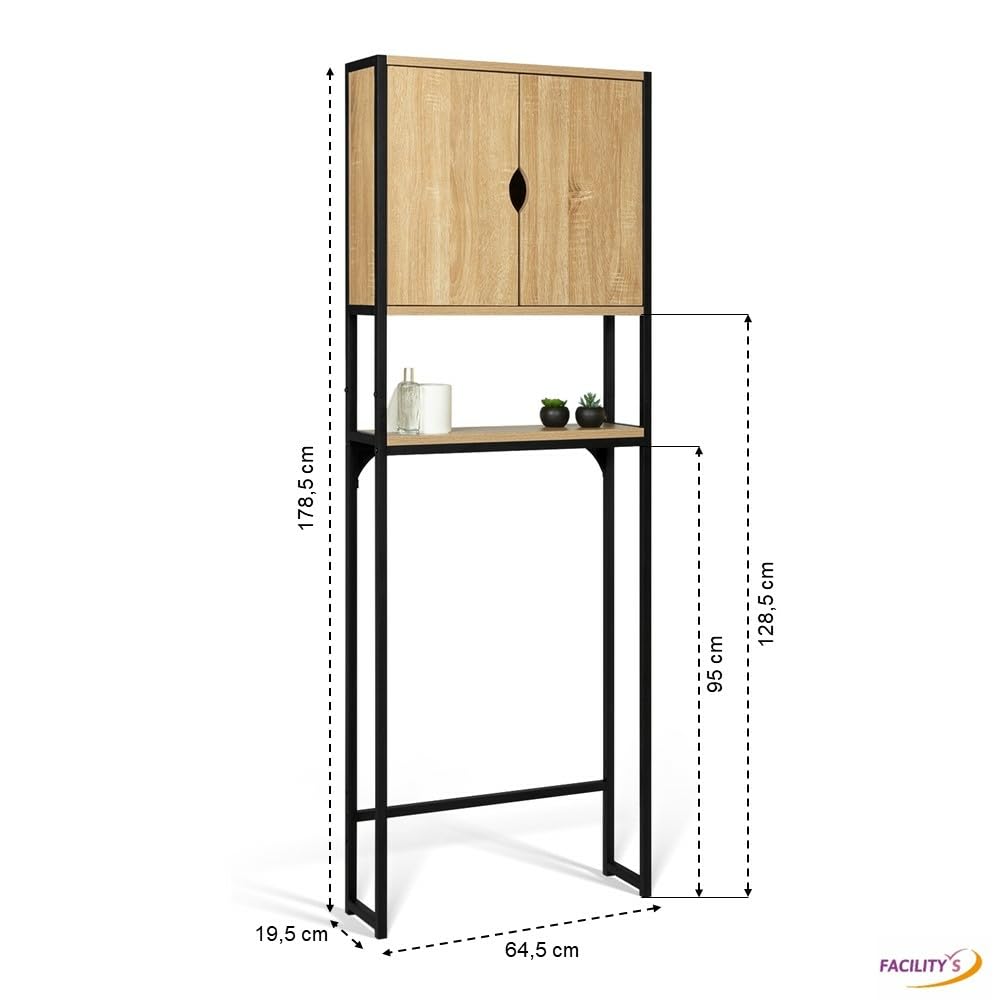 FACILITYS - Meuble WC, 64,5 x 19,5 x 178,5 cm - Meuble Rangement WC, en Bois - Étagère Rangement Toilette, Salle de Bain, Effet Bois et Métal, Industriel