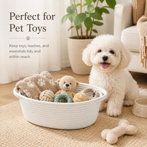 Image of ABenkle Small Basket with Handles, Boho Decorative Rope Woven Dog Cat Toy Storage Bin Shelf Storage Organizer, Easter Christmas Gift Basket, 12 inchx8 inchx5 inch, 2 Pack