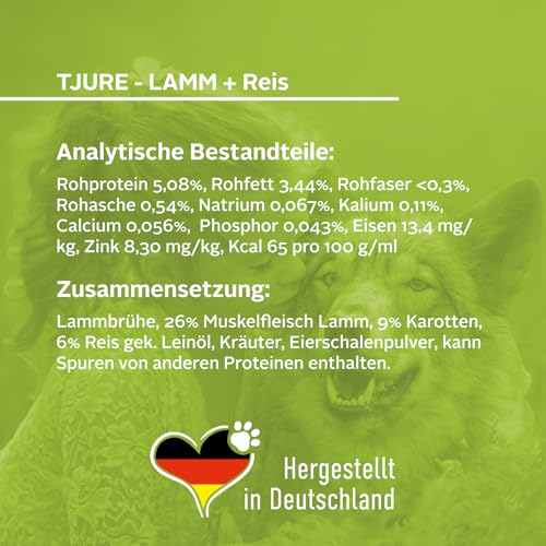 TJURE Hundesmoothie | Lamm & Reis | 6 x 320 ml | Flüssiges Ergänzungsfuttermittel für Hunde mit Frischfleisch & Gemüse | Getreidefrei | Laktosefrei | Glutenfrei | Made in Germany