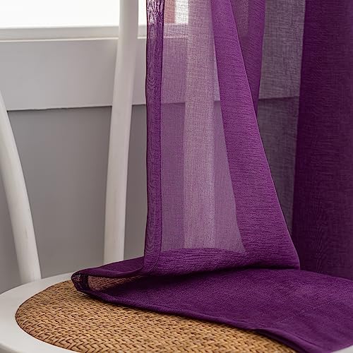 Image of Sheer Curtains 45 Inch Length for Living Room Bedroom, Rod Pocket Polyester Semi Sheer Privacy Drapes, Window Treatments Semi Crinkle Curtain Panels for Kitchen Doorway Divider, Purple, 52 inch Wx 45 inchL