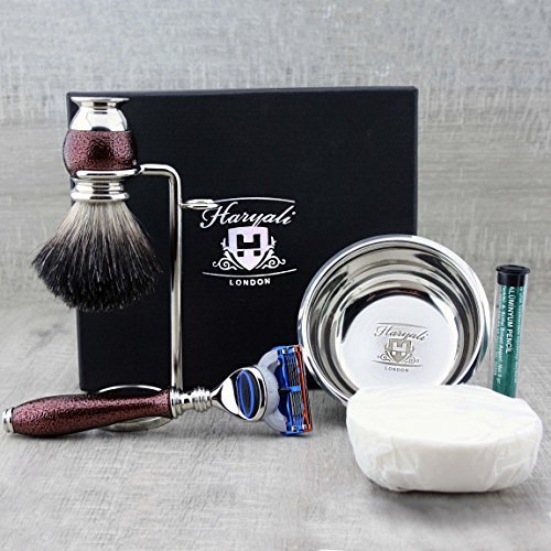 Haryali London, kit completo da barba da uomo da 5 pezzi: rasoio a 5 lame, pennello da barba in tasso nero, ciotola da barba, sapone da barba e supporto per la rasatura tradizionale a umido.