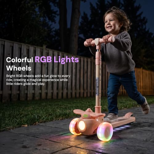 Image of Baybee Skiddo Baby Kick Scooters for Kids with 3 Height Adjustment | Foldable Skating Scooter with Foot Brake | Kids Scooter with RGB Lights & Music | Runner Scooters for Kid 2-10 Years (Beige)