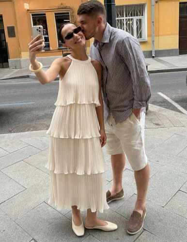 Image of ZESICA Women's 2026 Summer Sleeveless Halter Neck Ruffle Tiered Layered Chiffon Flowy Swing Long Midi Dress