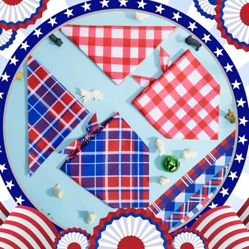 Image of Abbylike 50 Pcs Veterans Day Dog Bandanas Bulk, Red White and Blue Plaid