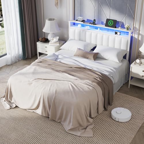 Image of Furnulem White Queen Bed Frame with Charging Station & Led Lights, PU Leather Upholstered Headboard with 2-Tier Storage Shelves, No Box Spring Needed, Metal Slat Support, Easy Assembly