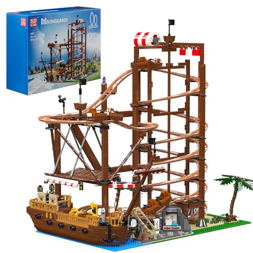 Mould King 11013 Technik Klemmbausteine Achterbahn mit Looping MOC Rollercoaster Vergnügungspark Achterbahn Bausteine Spielzeug mit Piratenschiff Jugendliche Geschenke(2174 Teile)