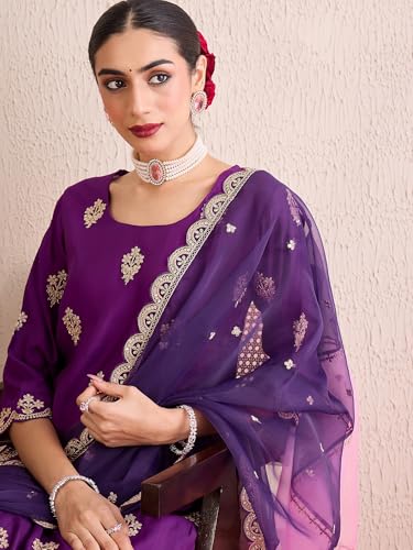 Image of INDO ERA Women's Silk Blend Embroidered Straight Kurta Pant with Dupatta (Iestr6307)