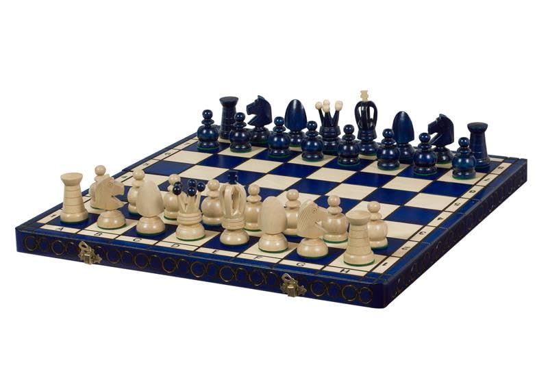 Sunrise Chess & Games Duże szachy królewskie 44 cm, niebieskie | Drewniane figury z grabu, król 80 mm, składana plansza, wewnętrzna wkładka