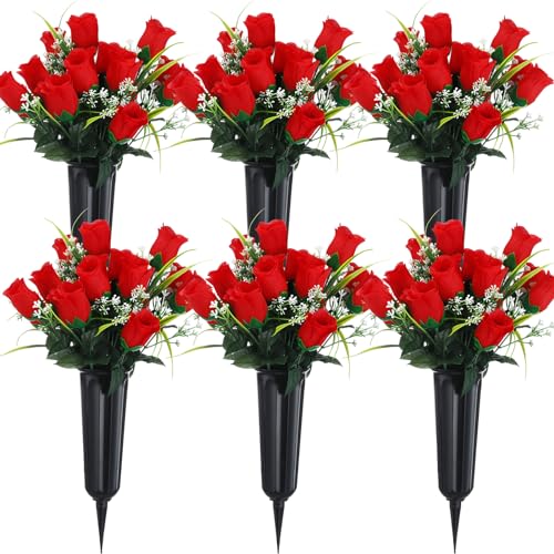 Tigeen 6 juegos de flores artificiales de cementerio de Navidad con jarrón de tumba, 12 racimos de rosas conmemorativas de Acción de Gracias, 84 cabezas, flores de cementerio de seda falsa para